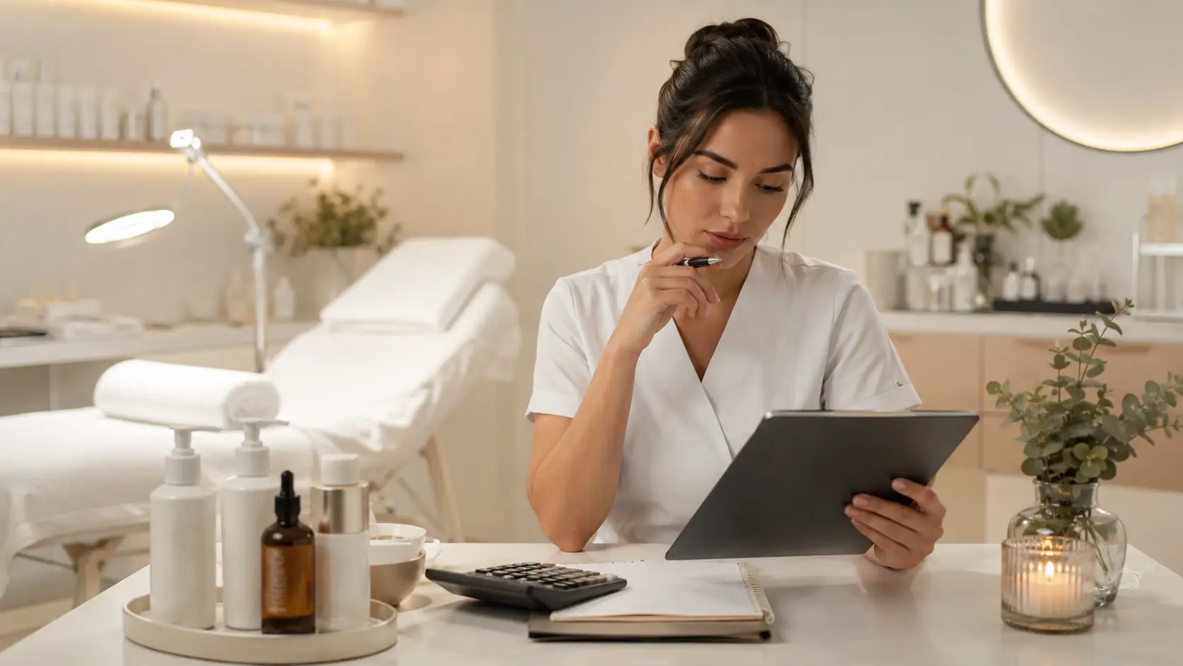 New esthetician reviewing facial pricing on a tablet in a clean professional treatment room setting