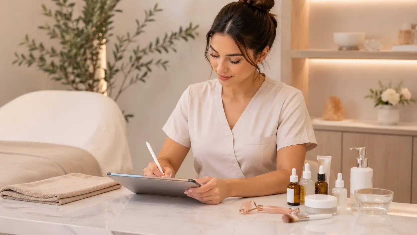 New esthetician reviewing a simple, structured facial service menu in a professional treatment room setting