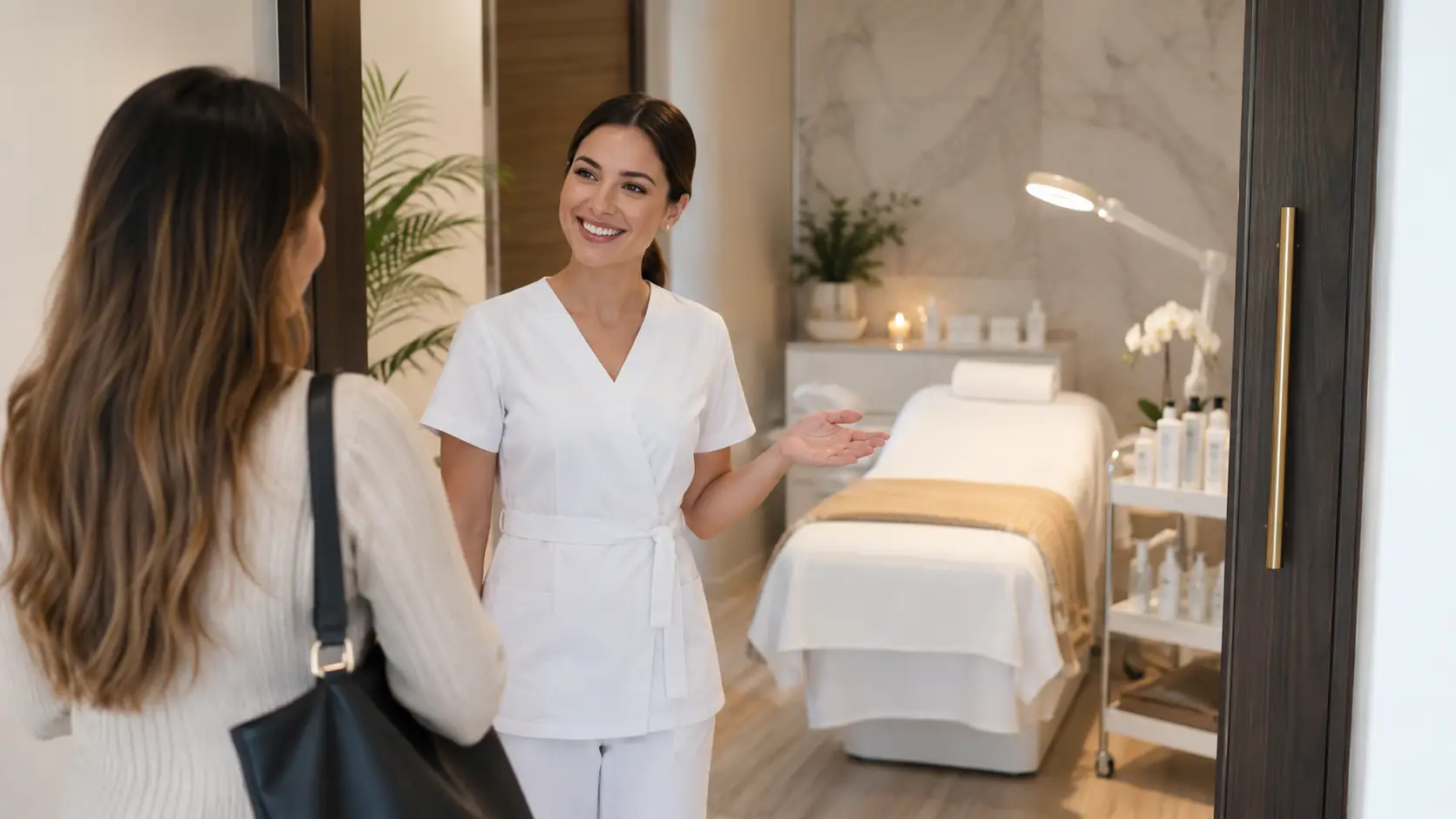 New esthetician welcoming her first facial client in a professionally set-up treatment room