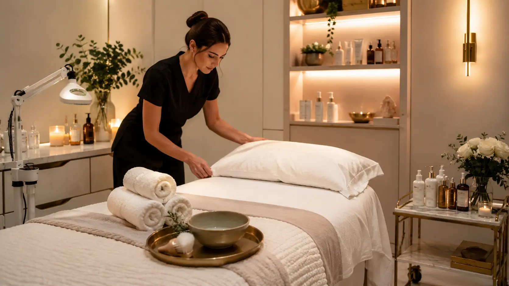 New esthetician delivering a beautifully elevated facial experience in a clean, warmly lit treatment room