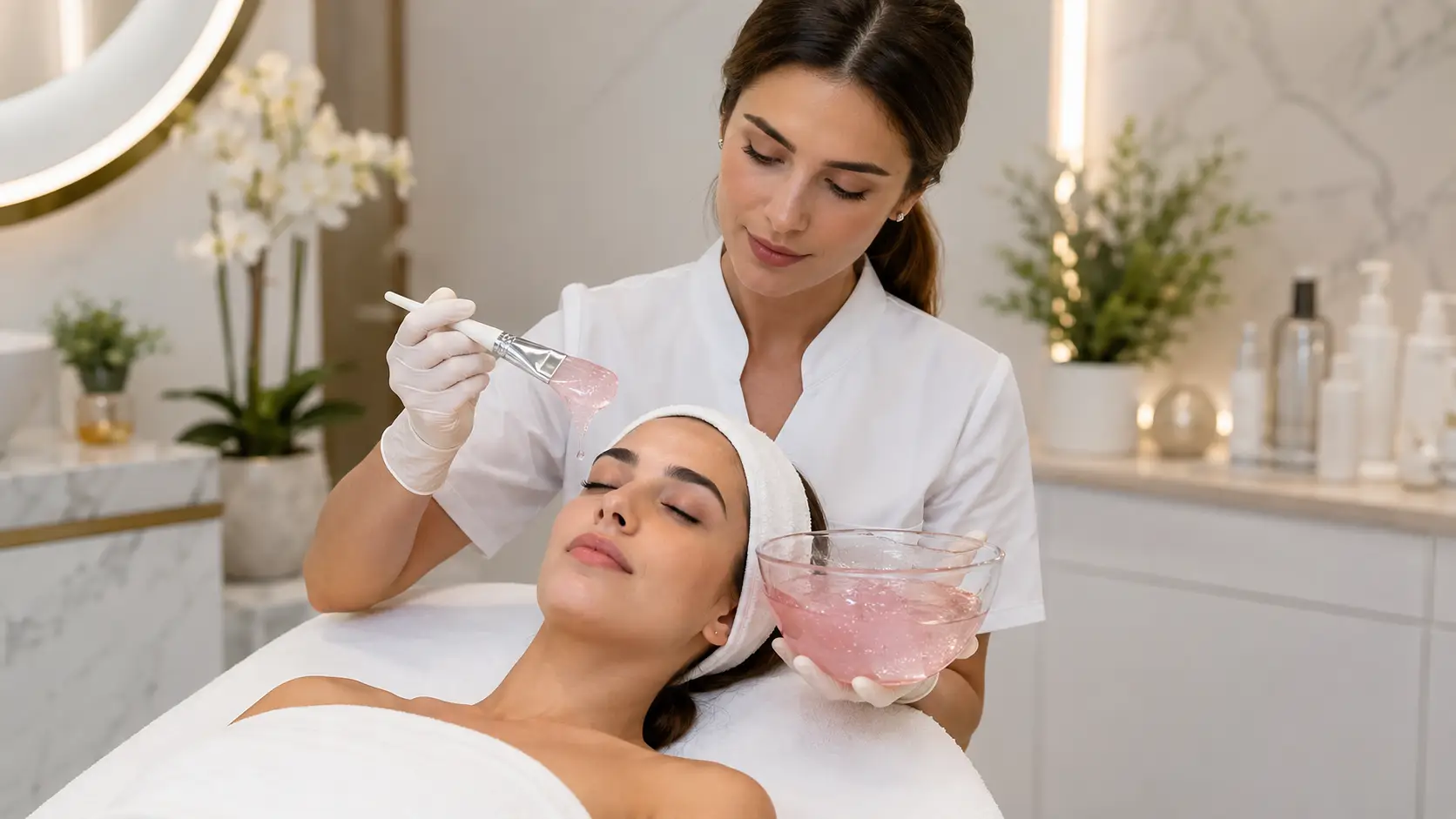 New esthetician applying a professional jelly mask to elevate a facial treatment experience and increase perceived service value