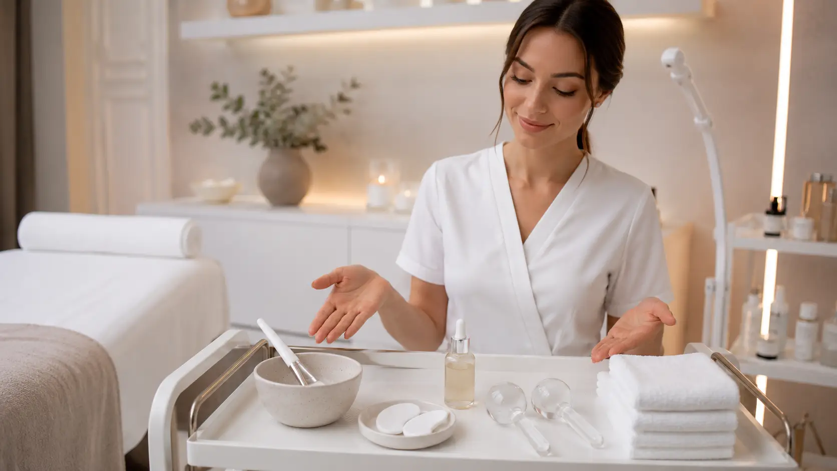 New esthetician reviewing a facial add-on service menu at a treatment room workstation