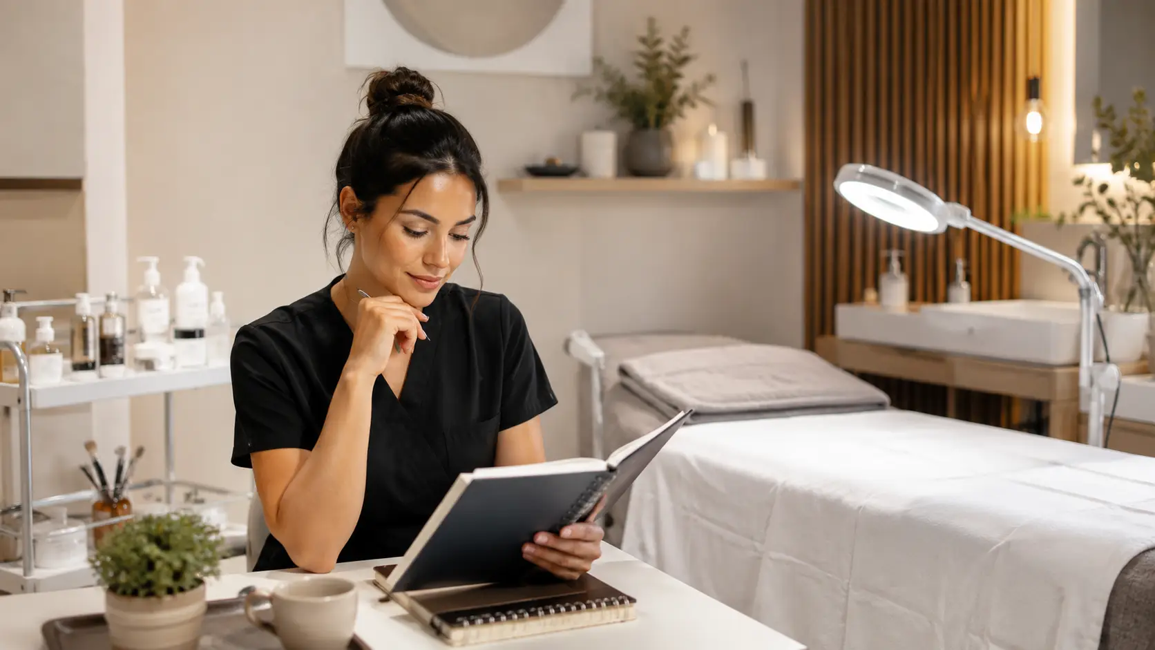 New esthetician reviewing business readiness notes at a clean treatment room desk, preparing to transition to independent solo practice