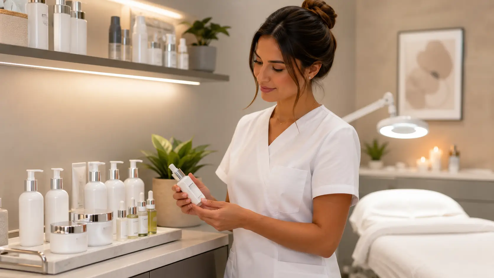 New esthetician reviewing professional skincare product lines at a clean, organized back bar in a starter treatment room