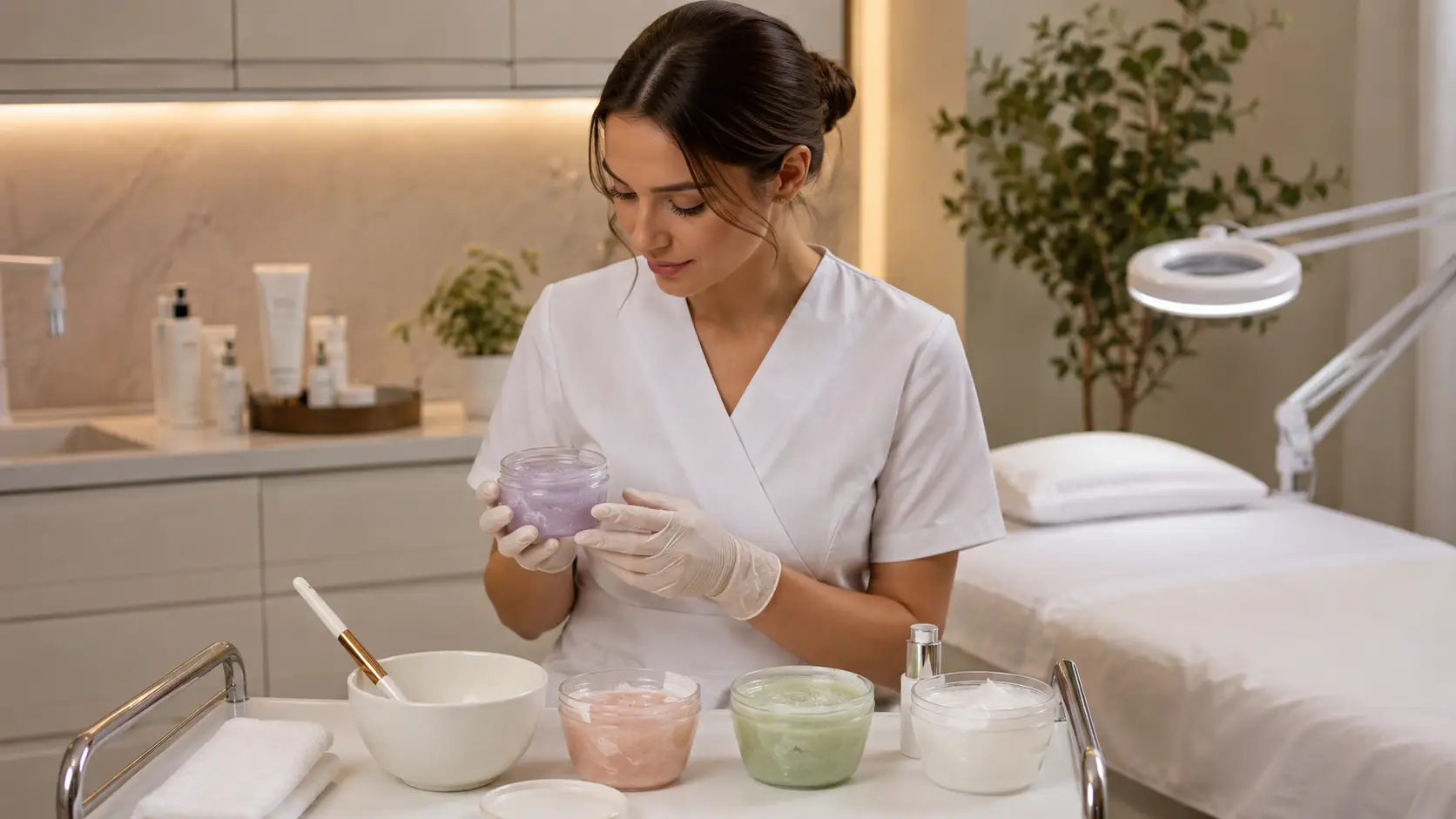 New esthetician preparing a professional jelly mask at a treatment room back bar with mixing bowl and spatula