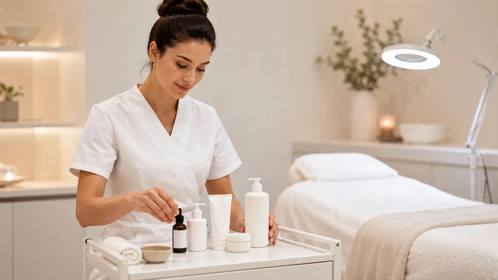 New esthetician organizing a minimal but complete back bar product selection in a professional treatment room