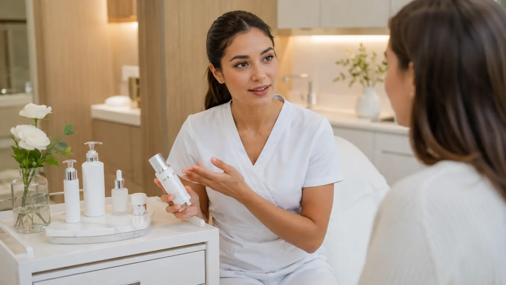 New esthetician speaking confidently with a client about professional skincare product recommendations during a post-facial consultation