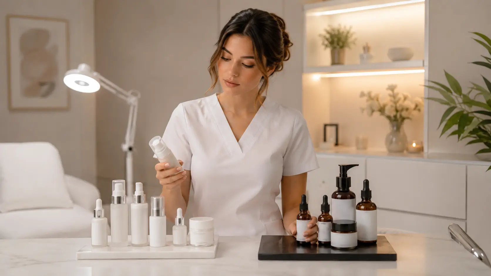A newly graduated esthetician reviewing professional skincare product lines at a clean, organized treatment room back bar