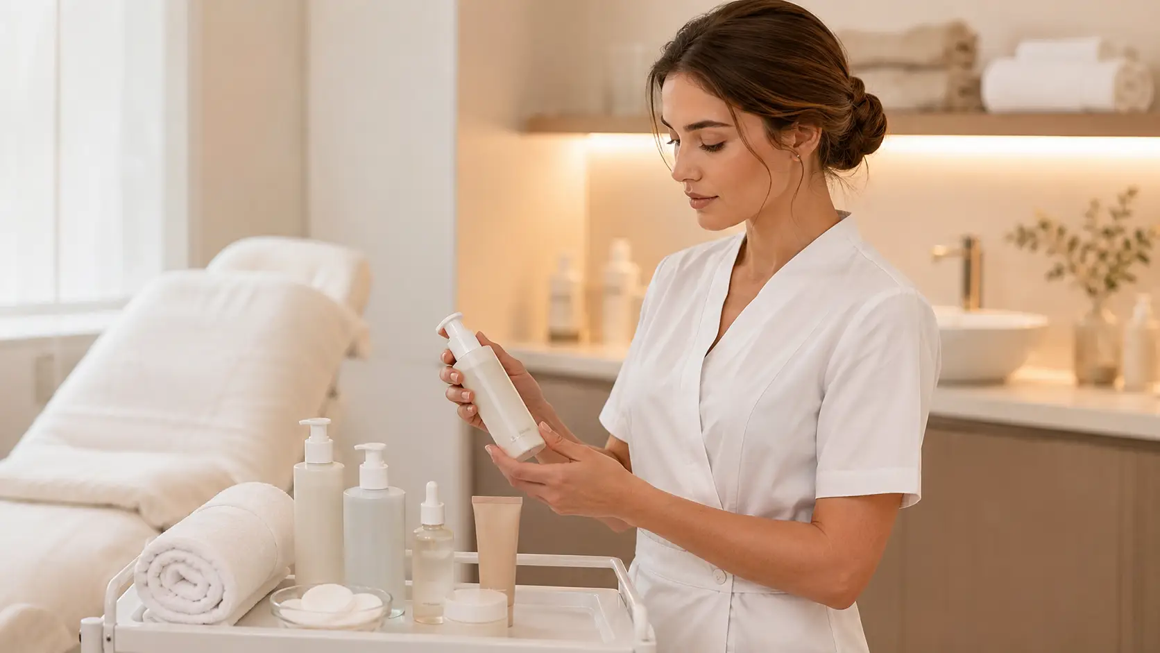 New esthetician reviewing calming skincare products at a professional back bar setup in a treatment room