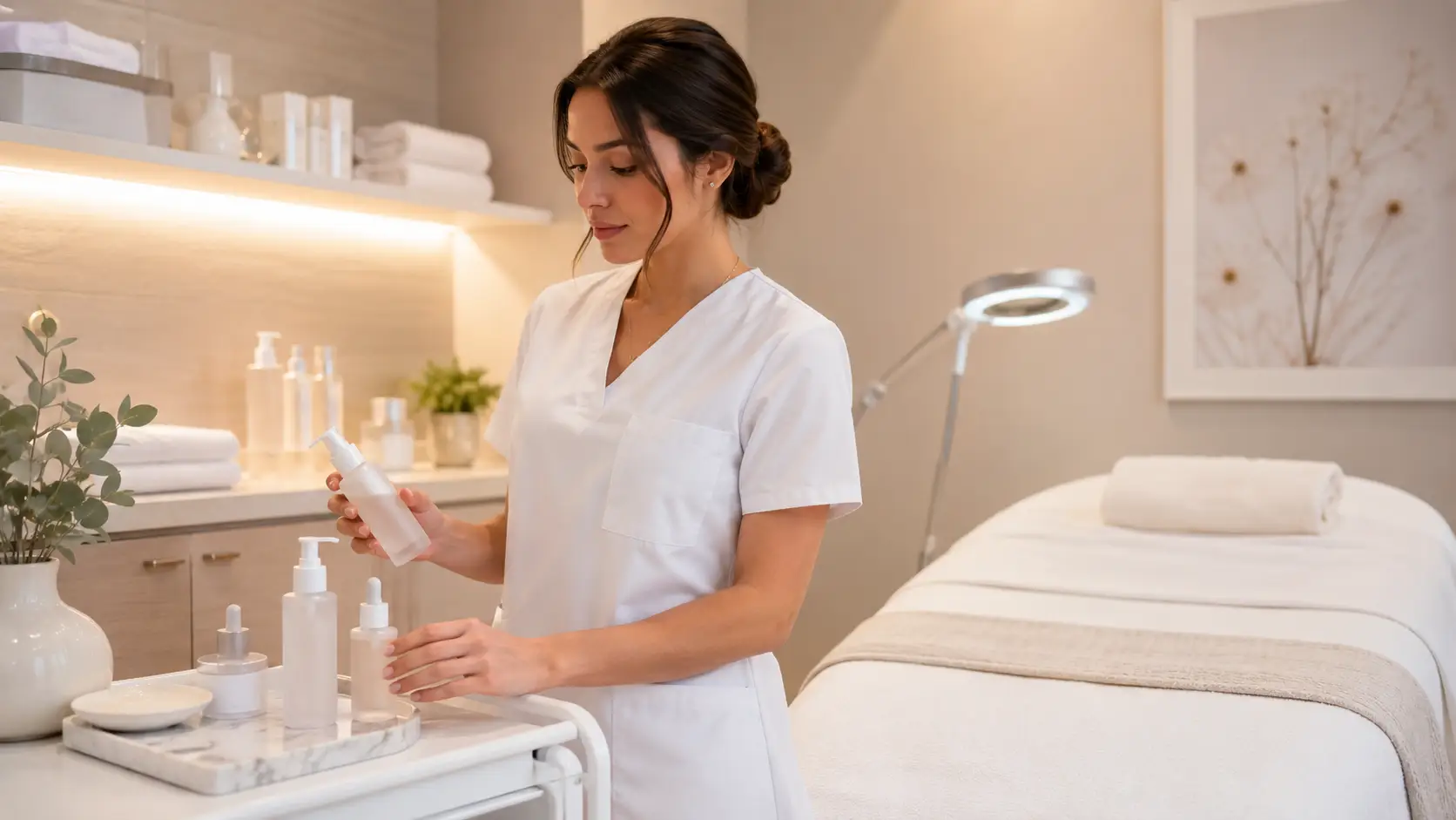 New esthetician reviewing product labels and ingredient lists to select safe formulations for sensitive skin clients in a professional treatment room