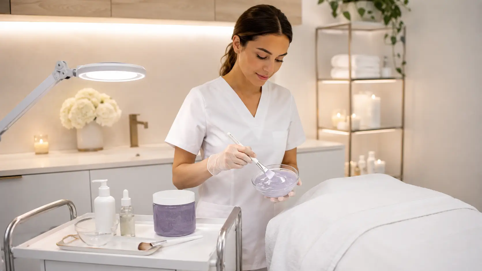 New esthetician applying a professional jelly mask during a beginner facial service in a clean treatment room