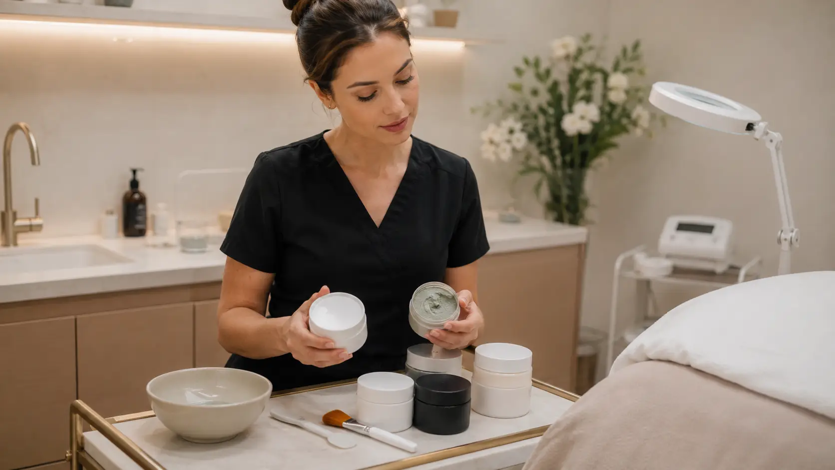 New esthetician reviewing mask options at a professional back bar, comparing ingredient labels and formulation types for beginner facial services