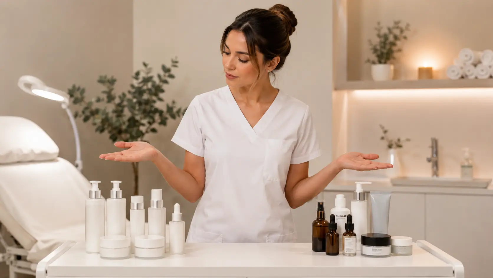 New esthetician organizing a professional back bar with a single curated product line in a clean treatment room setting