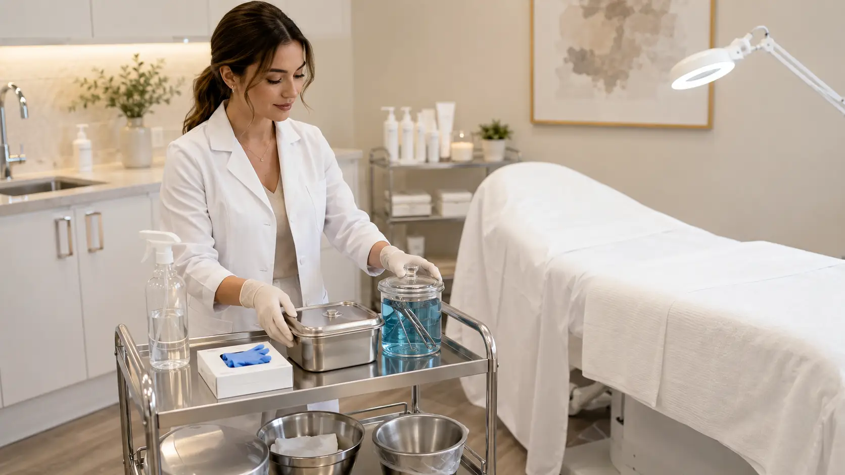 New esthetician organizing a clean, compliant sanitation station in a professional treatment room with disinfectant spray, implements, and covered containers