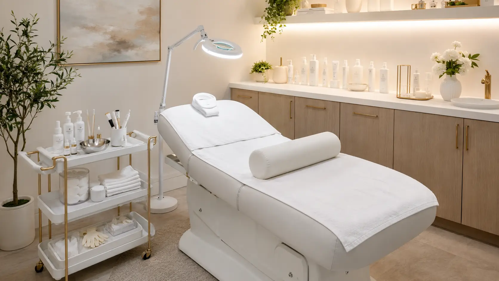 A fully organized beginner esthetician treatment room with labeled supply stations, a facial bed, and a stocked back bar ready for client services