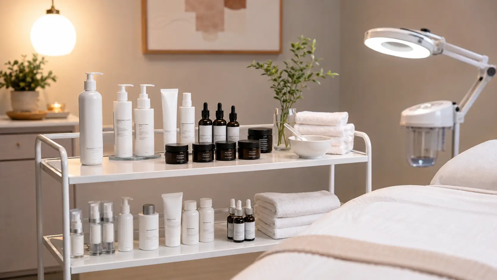 Organized esthetician back bar with professional skincare products arranged by treatment step in a clean clinical treatment room