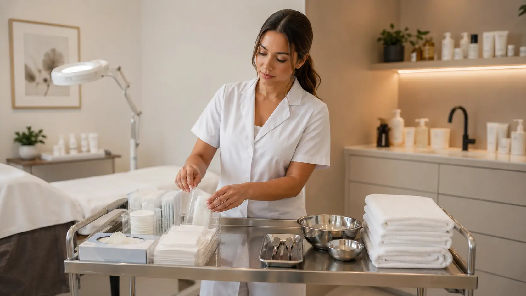 New esthetician organizing treatment room supplies, comparing disposable and reusable tools on a clean professional cart
