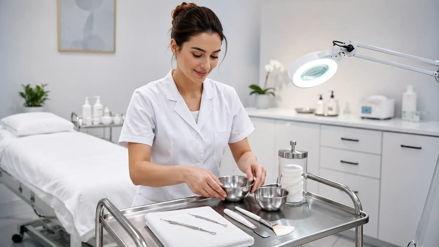 New esthetician organizing essential facial tools and supplies on a professional treatment cart in a clean clinical treatment room