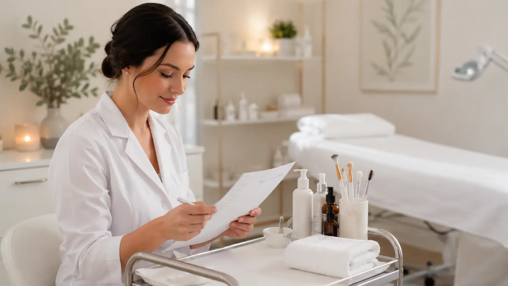 New esthetician reviewing startup budget and supply checklist at a clean professional treatment station