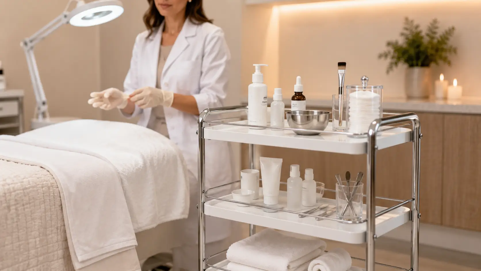 A well-organized three-tier starter facial cart in a clean professional esthetician treatment room, with supplies neatly arranged for service flow