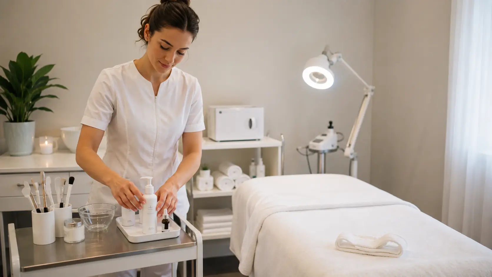 New esthetician setting up a clean, professional facial treatment room with organized supplies on a limited budget