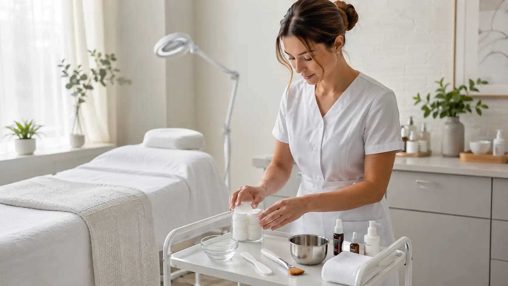 Student esthetician organizing starter facial supplies on a clean treatment cart in a professional training environment
