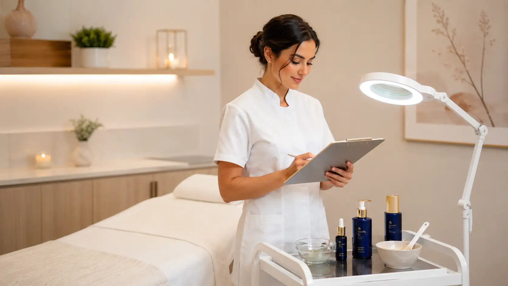 New esthetician reviewing equipment options at a minimal, well-organized starter treatment room setup