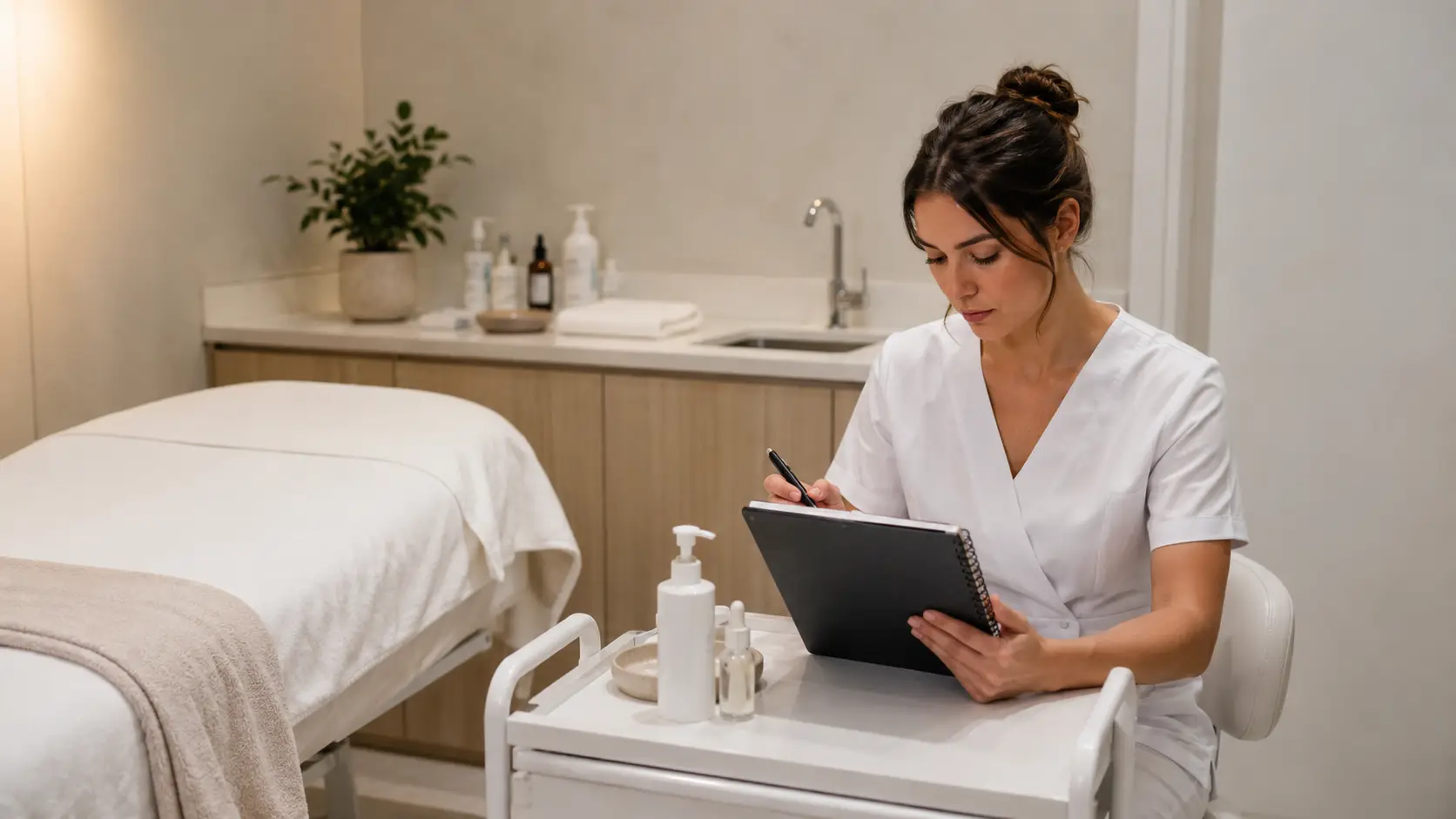 New esthetician reviewing supply costs and budgeting decisions for a beginner treatment room setup