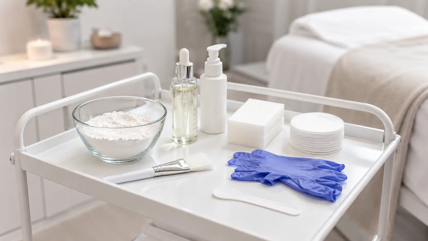 Organized hydration facial supplies laid out on a professional esthetician treatment cart ready for a client service