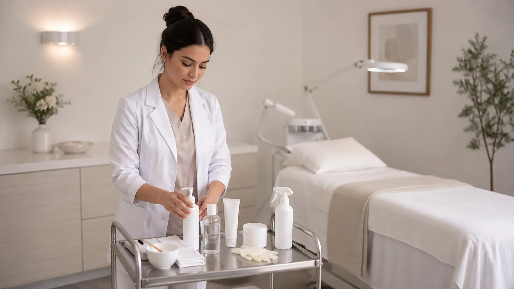 New esthetician organizing starter supplies and professional skincare products in a clean treatment room setup