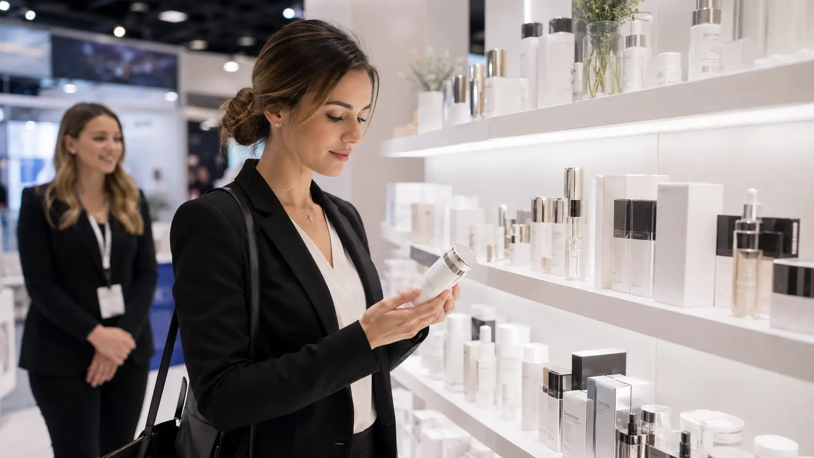 New esthetician reviewing professional supply options at a trade distributor showroom