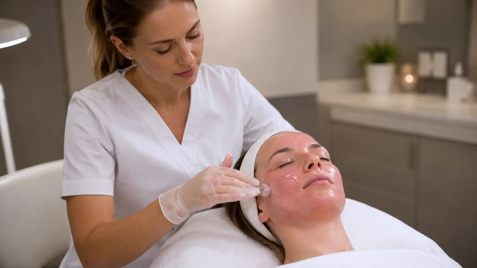 Esthetician applying a cool aloe vera gel layer to a client's sensitised skin after an exfoliation treatment in a professional treatment room