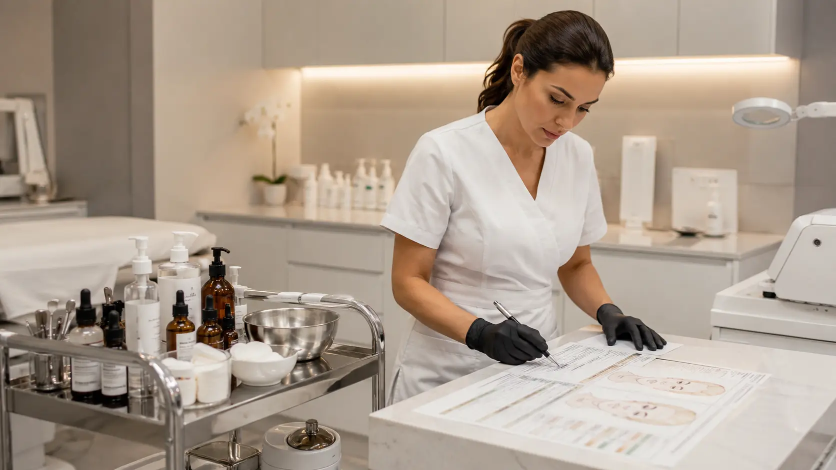 Esthetician reviewing professional acne treatment products and protocols in a clinical treatment room setting