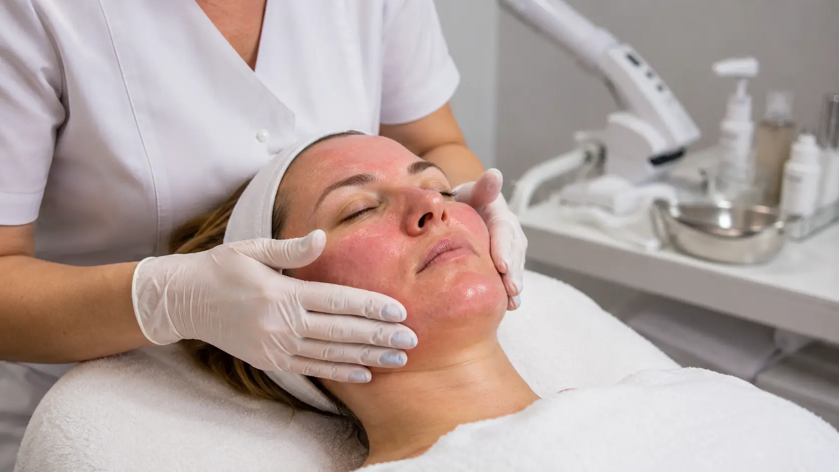 Esthetician applying a calming serum to a client with visibly flushed sensitive skin in a professional spa treatment room