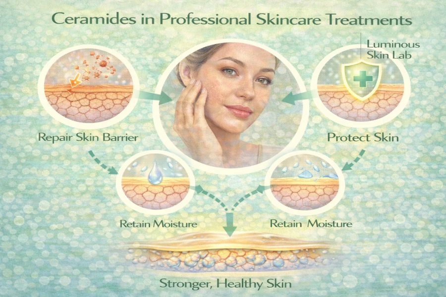 Esthetician applying a ceramide-rich barrier repair mask to a client in a professional treatment room