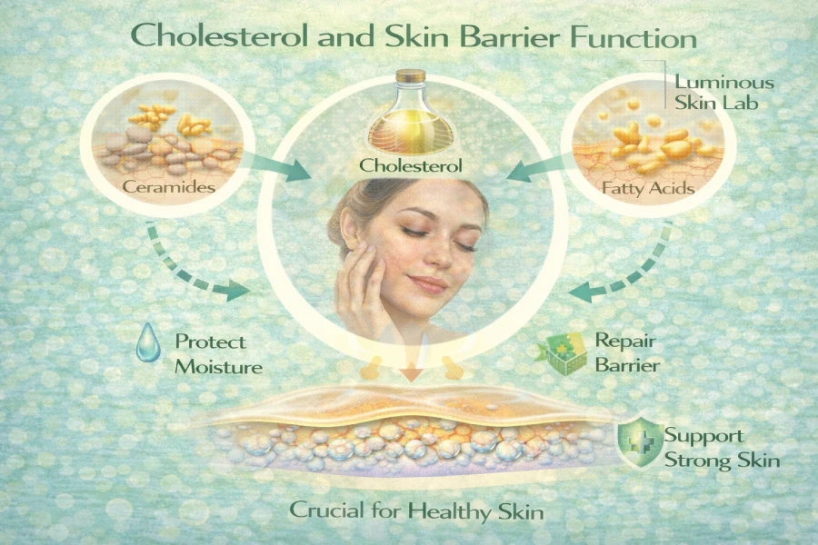 Esthetician reviewing a professional barrier repair serum ingredient list at a treatment station stocked with ceramide- and cholesterol-containing skincare products