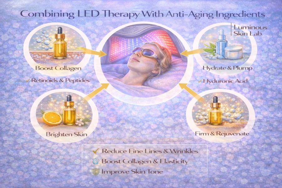 Esthetician positioning a professional LED panel over a client receiving an anti-aging facial with peptide serum applied to the skin