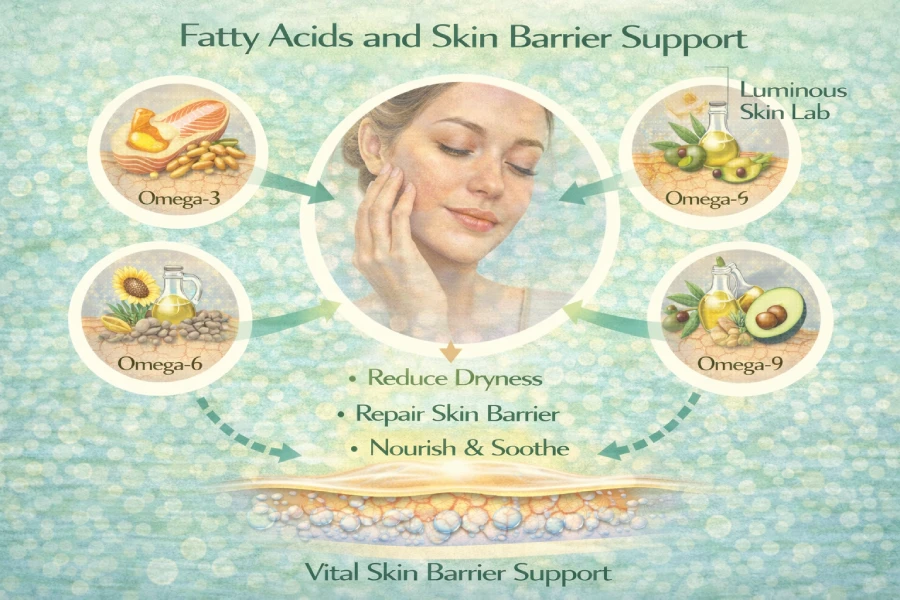 Fatty acids and skin barrier support through lipid balance, barrier recovery, and improved skin resilience