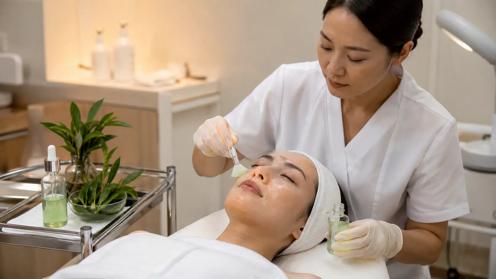 Esthetician applying a green tea calming serum to a client&rsquo;s face during a post-treatment facial in a professional spa setting
