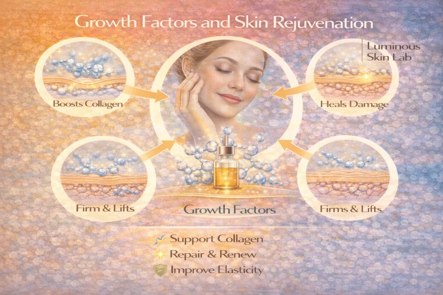 Esthetician applying a growth factor serum to a client&rsquo;s face during a professional anti-aging facial in a clean clinical treatment room