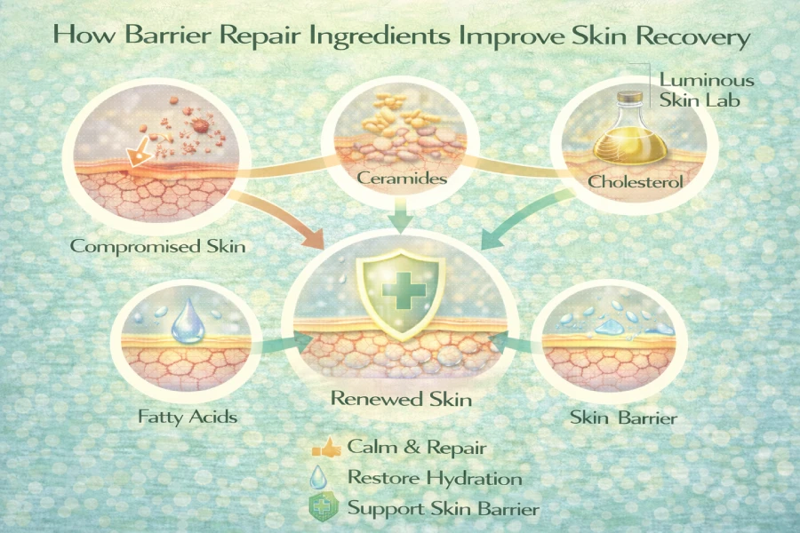 How barrier repair ingredients improve skin recovery through hydration balance, barrier healing, and inflammation support