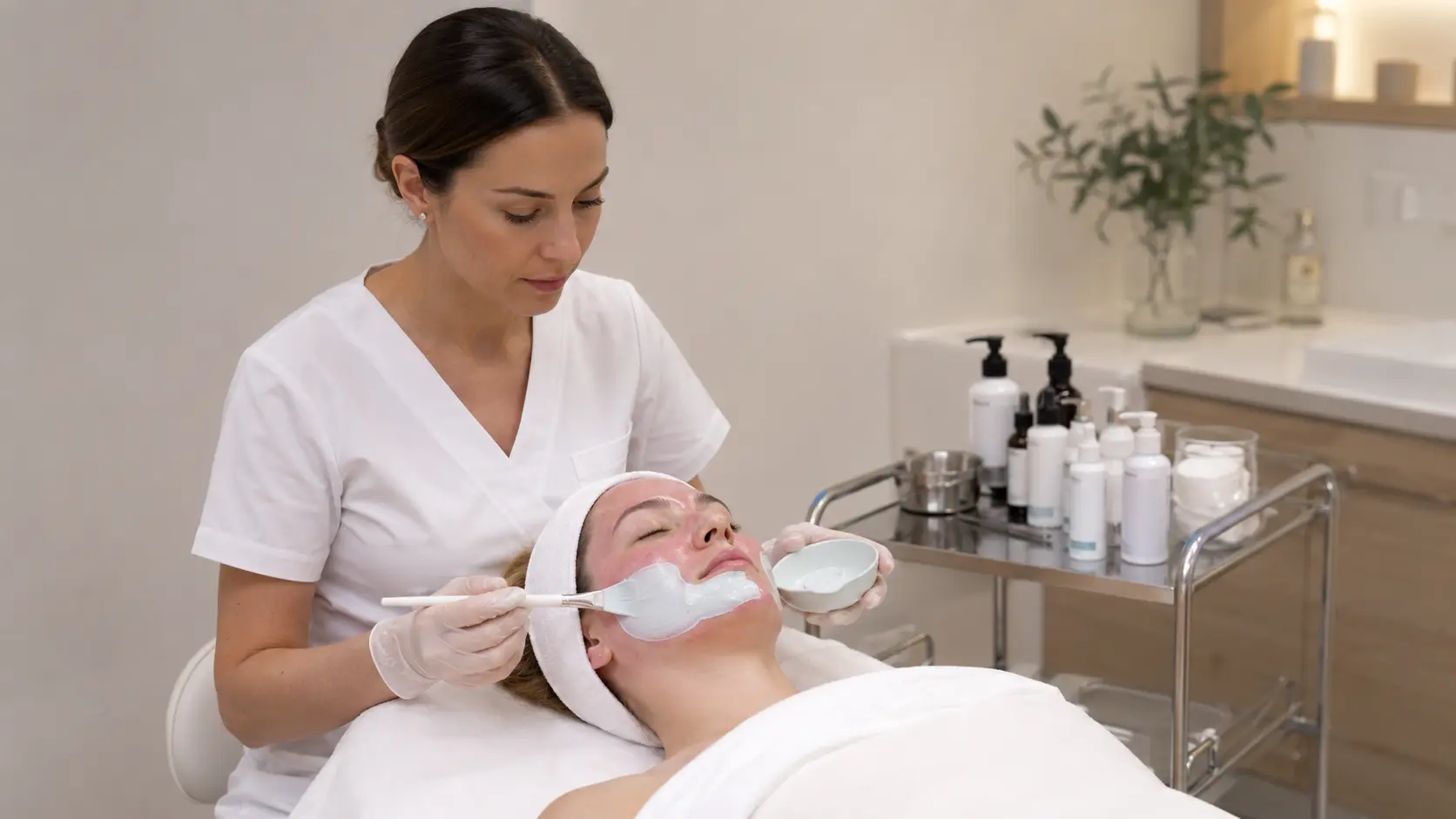 Esthetician applying a cooling calming mask to a client with visible post-treatment redness in a clean professional treatment room