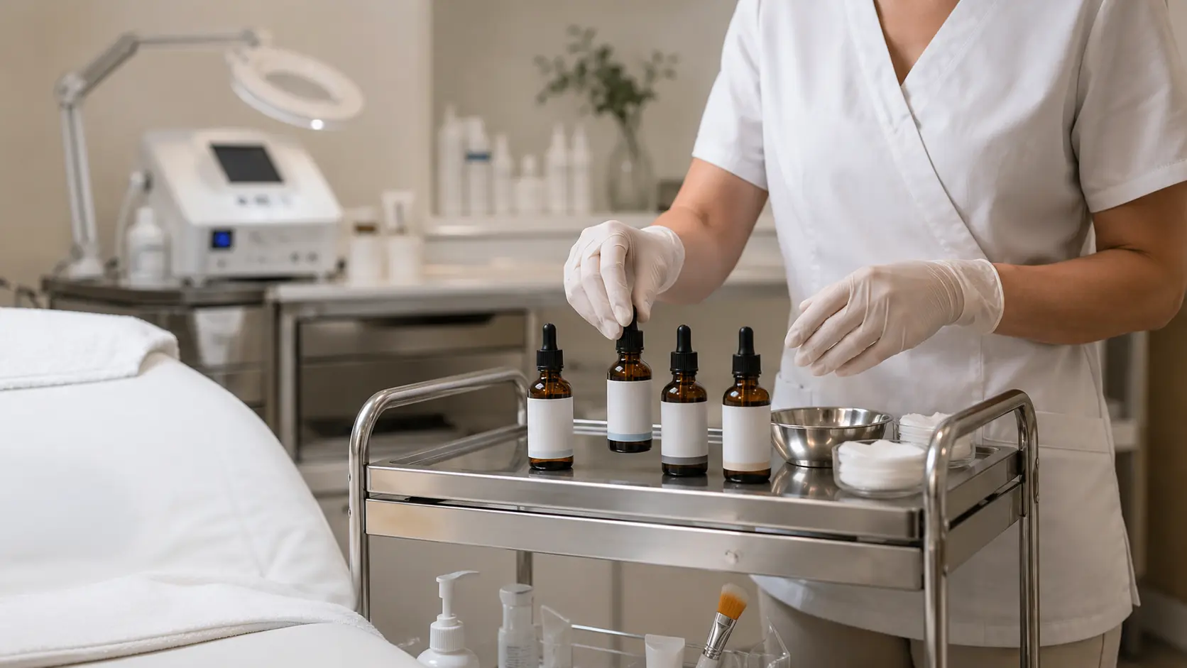 Professional esthetician arranging labelled acne treatment serums on a clinical trolley before a professional facial treatment