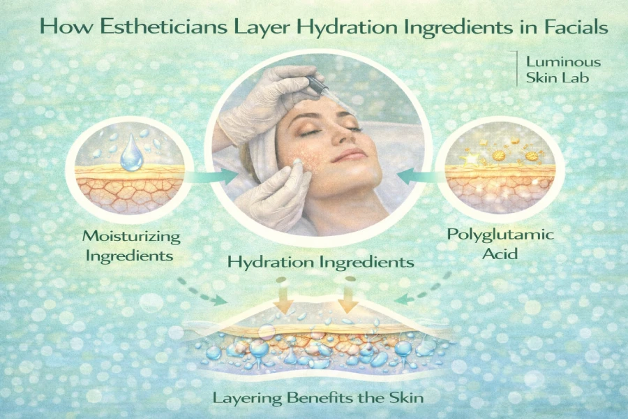 An esthetician applying layered hydration serums to a client's face in a professional treatment room, demonstrating correct ingredient sequencing from humectant to occlusive.