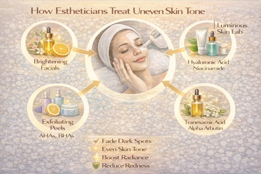 Esthetician applying a brightening serum to a client during a professional skin tone correction facial in a clean, clinical treatment room