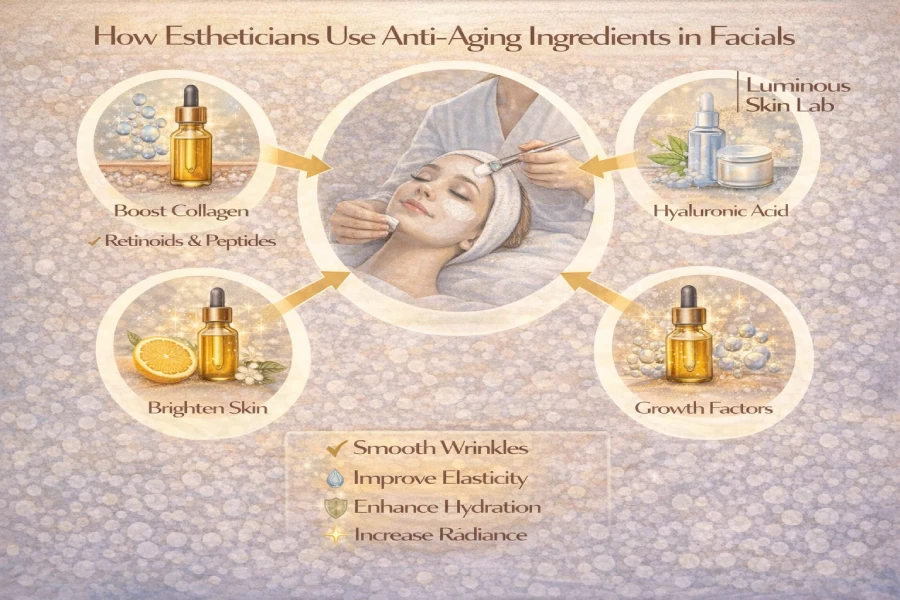A licensed esthetician applies layered anti-aging serums to a client in a professional treatment room, with peptide and growth factor products arranged on the trolley beside her.