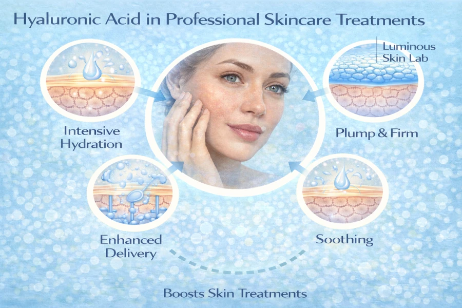 Hyaluronic acid in professional skincare treatments showing hydration, water retention, and barrier support