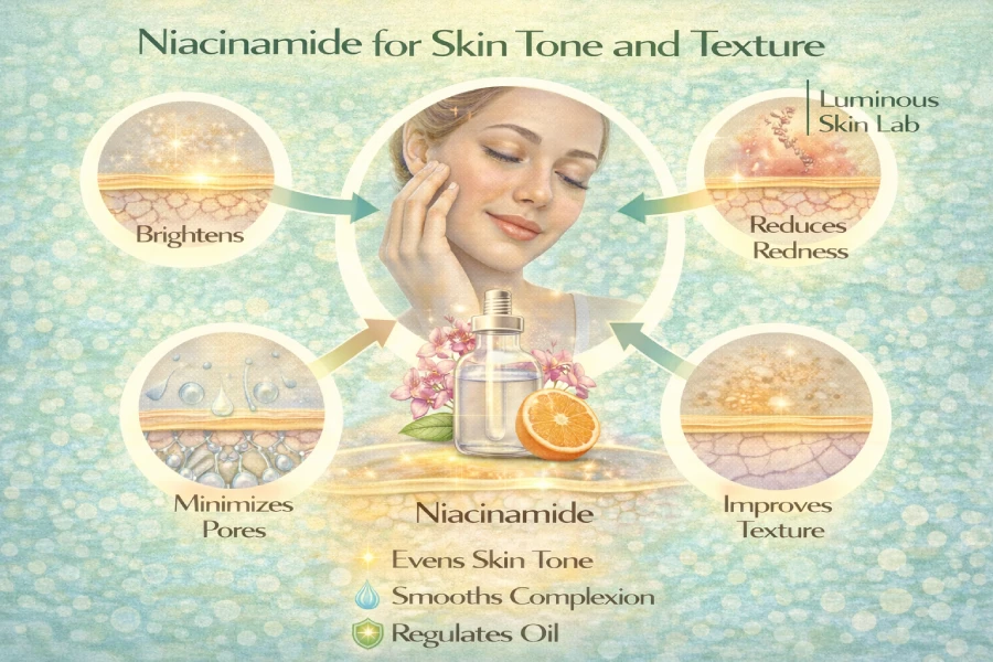 A licensed esthetician applying a niacinamide serum to a client during a professional brightening facial in a clean clinical treatment room