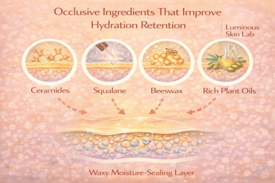 Occlusive ingredients that improve hydration retention through barrier protection and moisture support