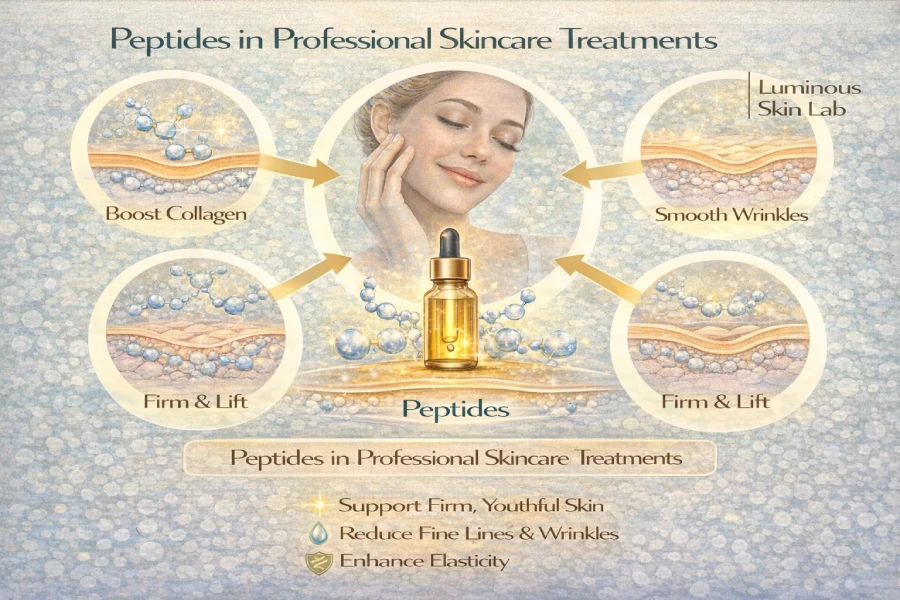 Esthetician applying a peptide serum to a client&rsquo;s face during a professional anti-aging facial in a clinical treatment room